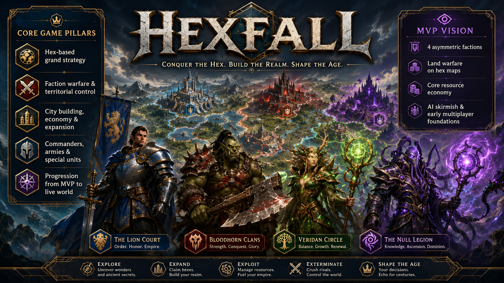 Hexfall Strategie-Karte mit Hexfeldern und Fraktionen