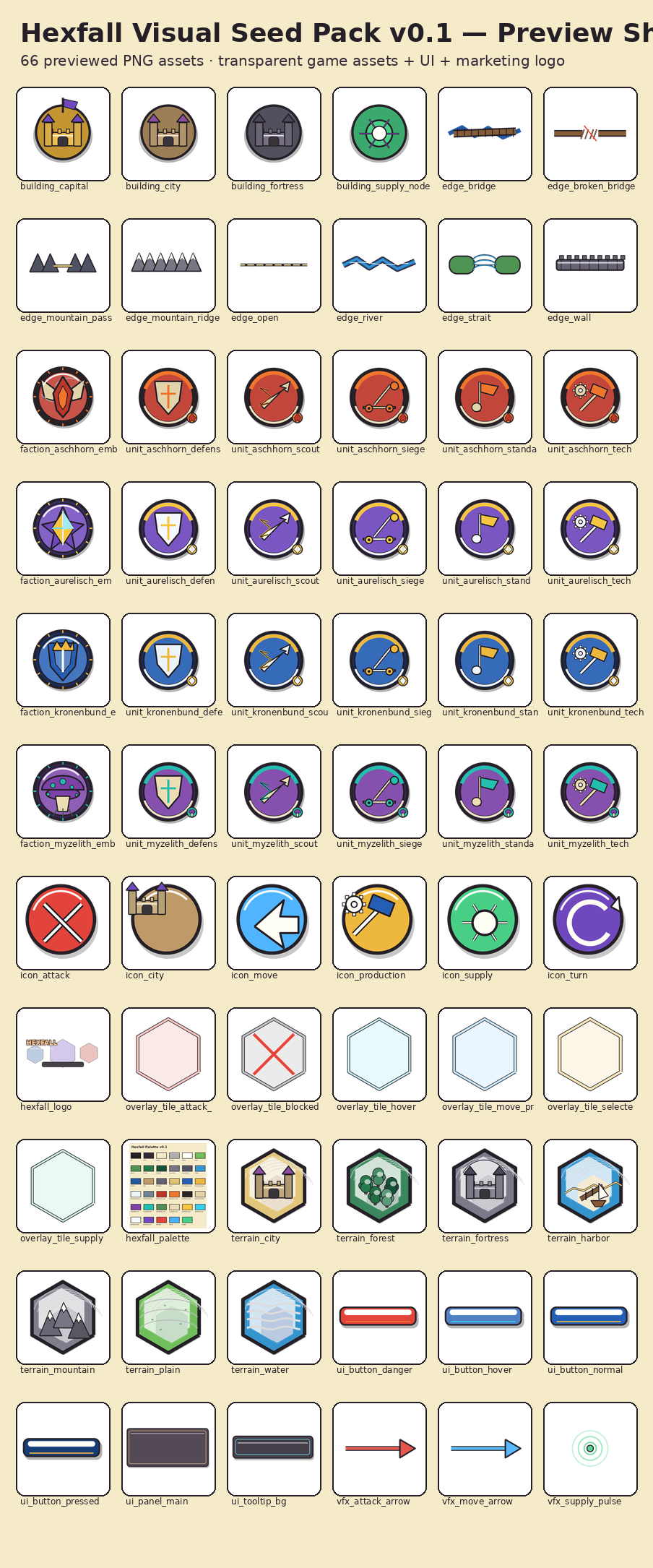 Hexfall Visual Seed Preview Sheet